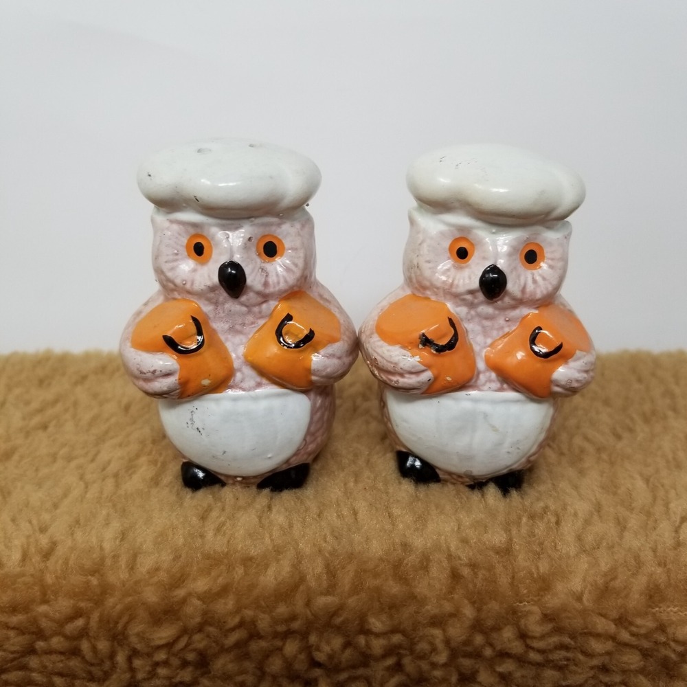 VTG 60s Wise Old Owl Chef Ceramic Salt & Pepper Shakers Made In Japan